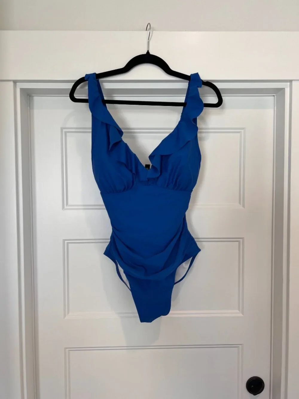 DKNY Ruffle Plunge One-Piece Swimsuit Underwire Tummy Control Cobalt Glam Size12 - Picture 2 of 10